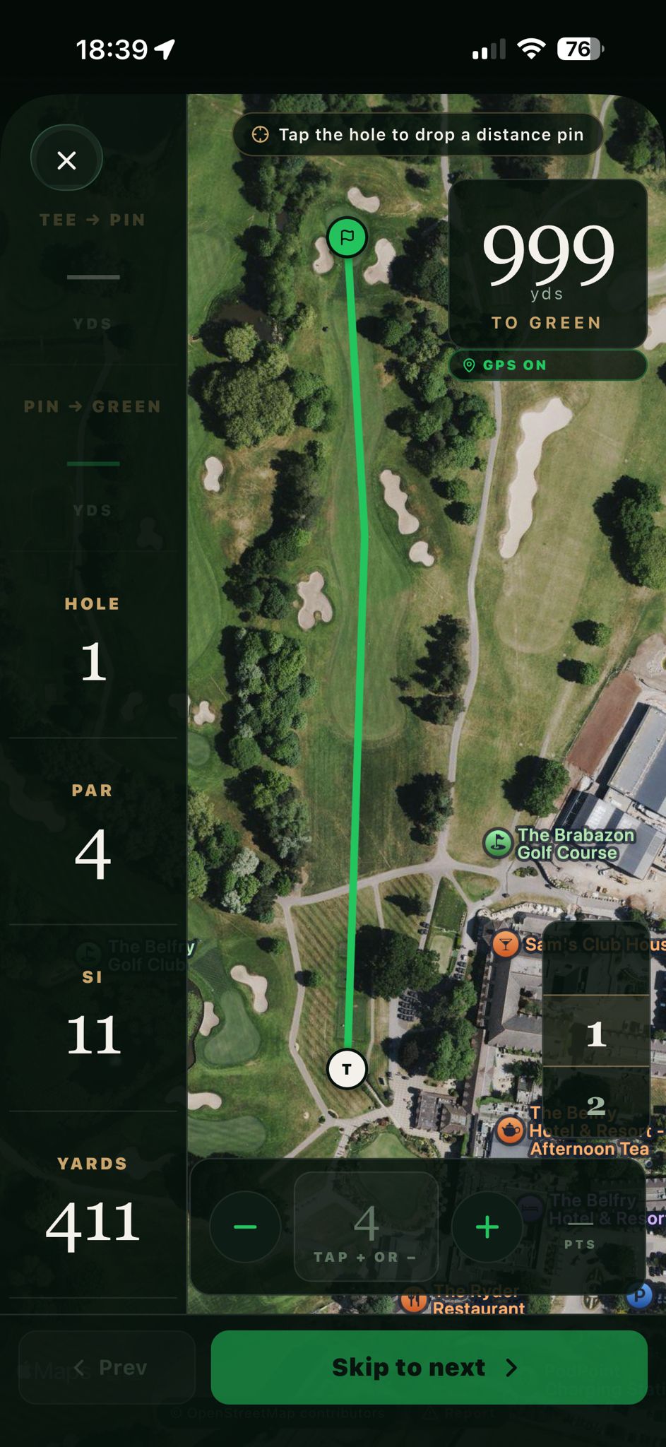 ParClub immersive hole view: bird's-eye map with real distance to the green, par and stroke index.