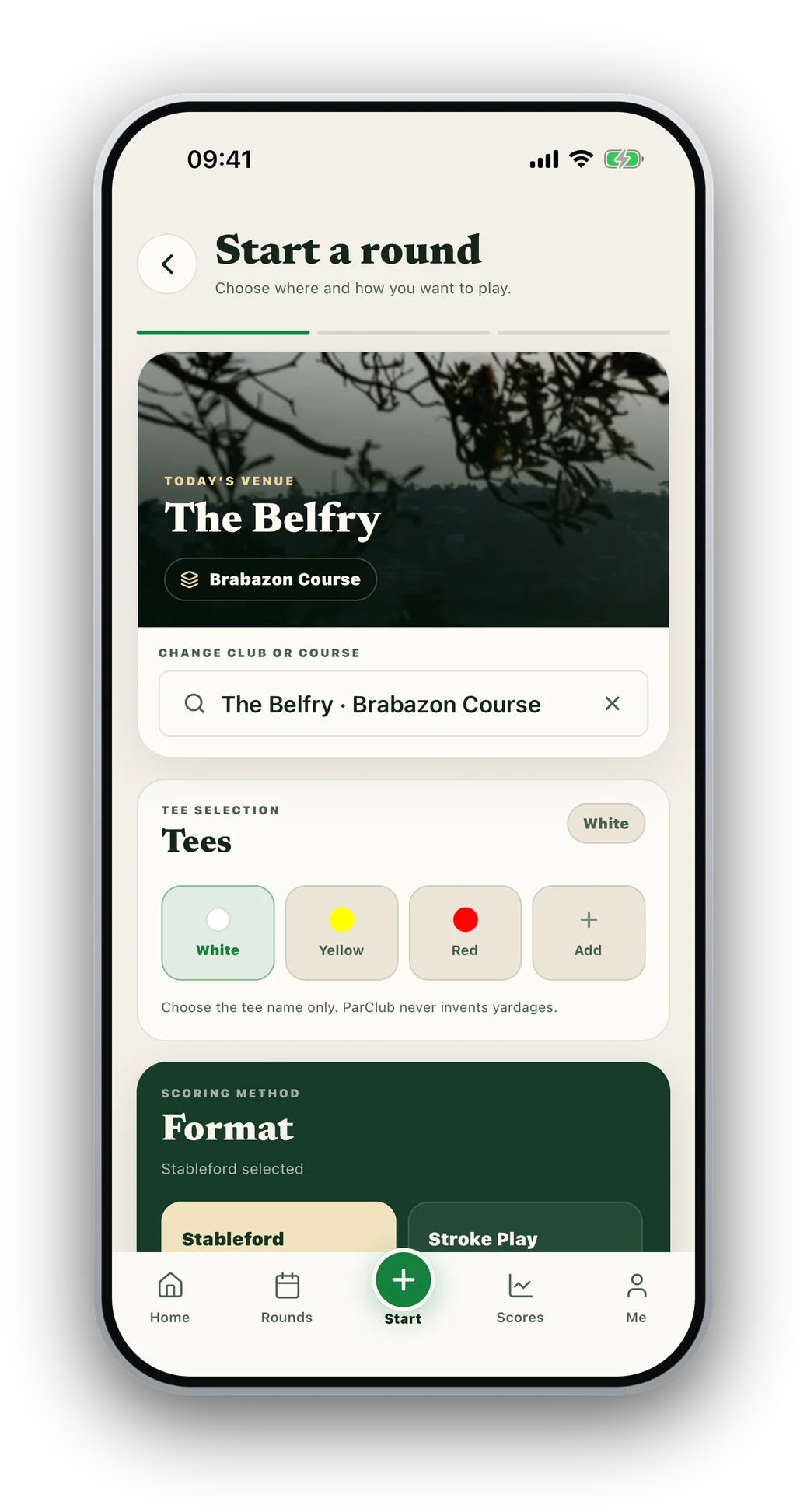 Starting a round in ParClub: The Belfry's Brabazon course, a choice of white, yellow or red tees, and Stableford or Stroke Play.
