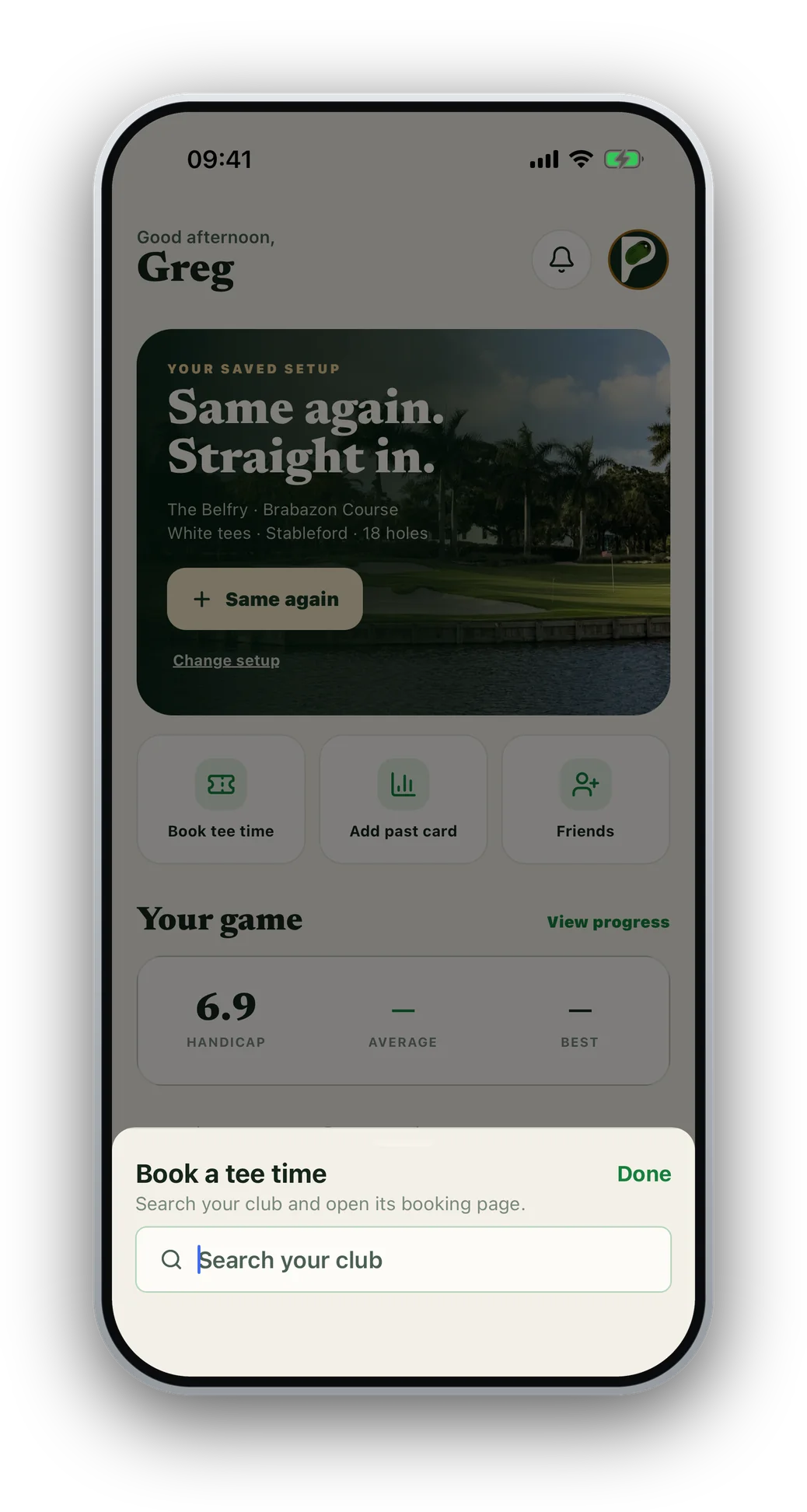 Booking a tee time in ParClub: search for your club and open its booking page or website.