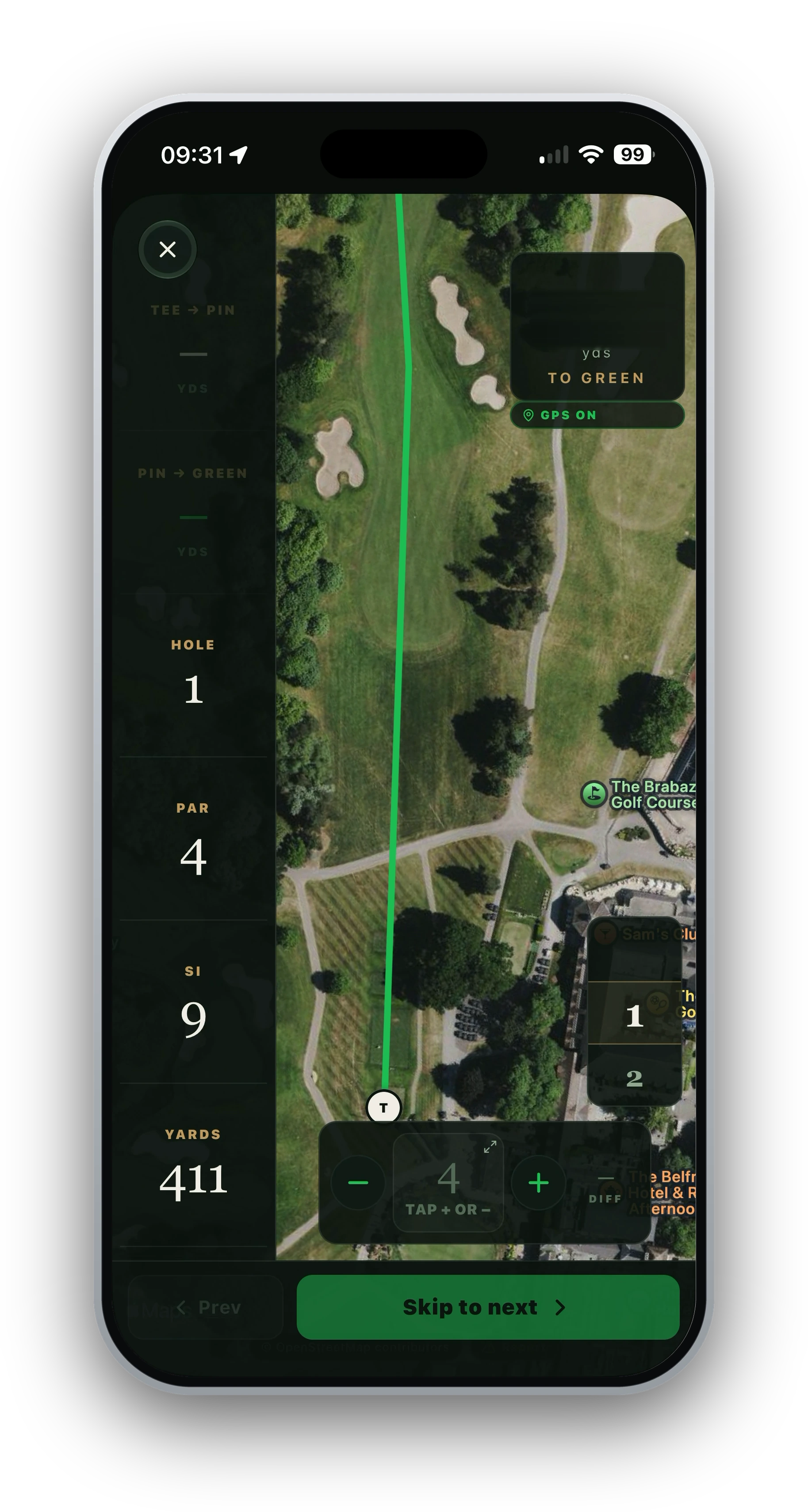 Live GPS on hole 1 at The Belfry, counting down the yards to the green on the satellite hole view.