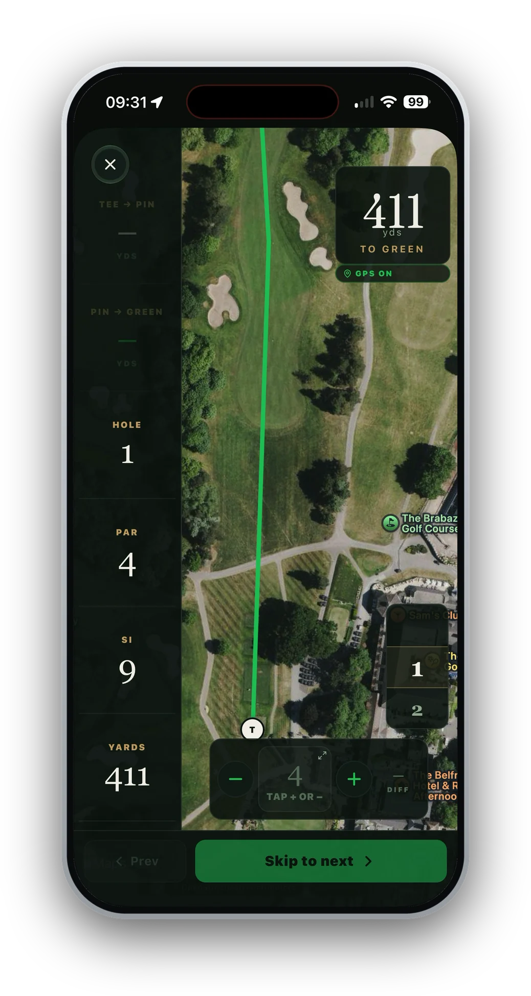 The ParClub hole view on the 1st at The Belfry's Brabazon course: satellite imagery of the hole, 411 yards to the green, par 4, stroke index 9.
