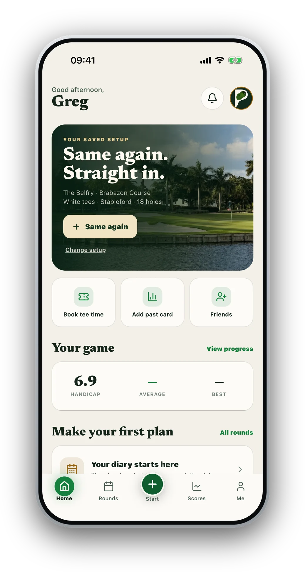 The ParClub home screen: a saved setup at The Belfry, one tap to play the same again, and a handicap of 6.9.