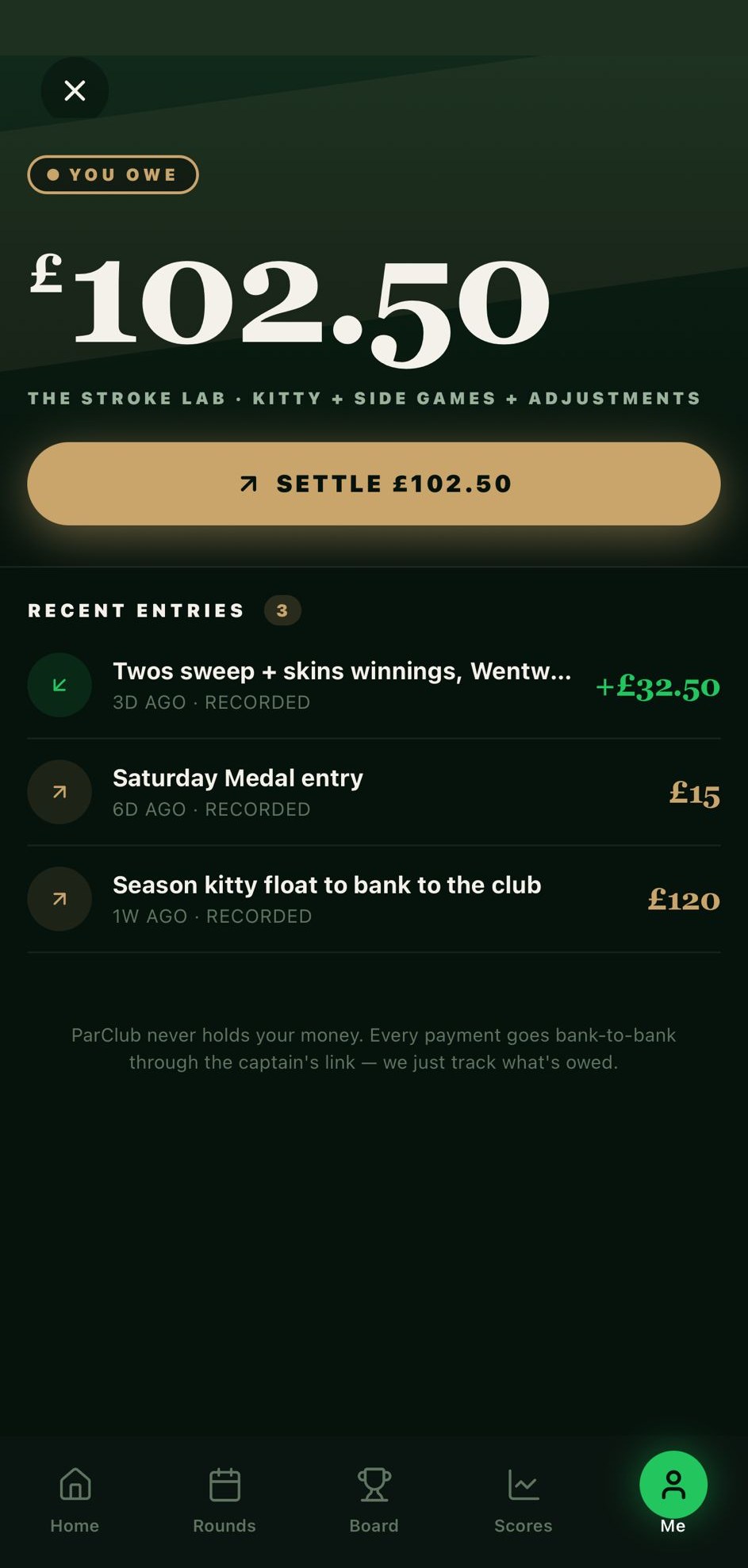 ParClub kitty: what you owe, recent entries and one button to settle.