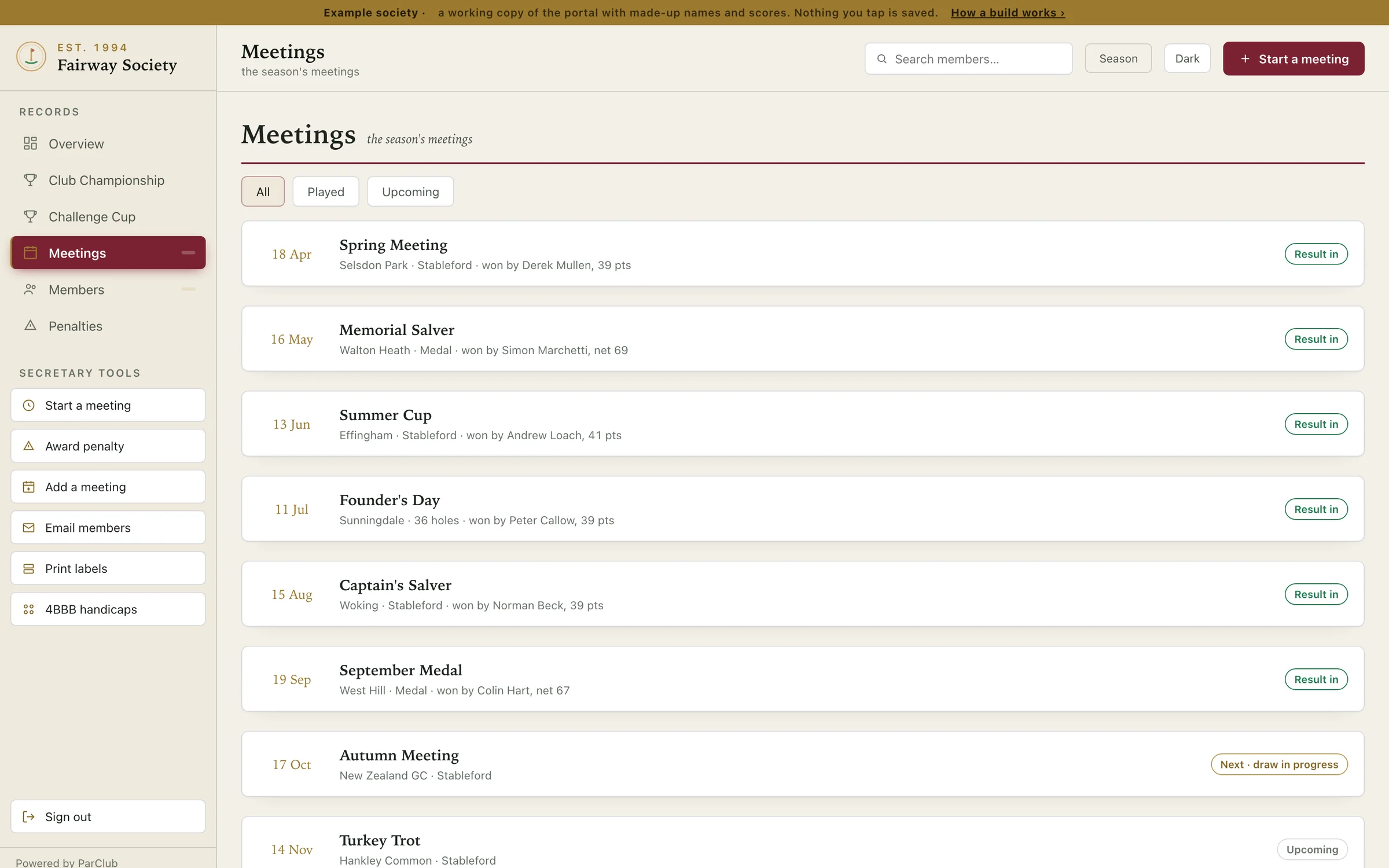 The season's meetings: date, name and course for each, with the result in for the ones already played.