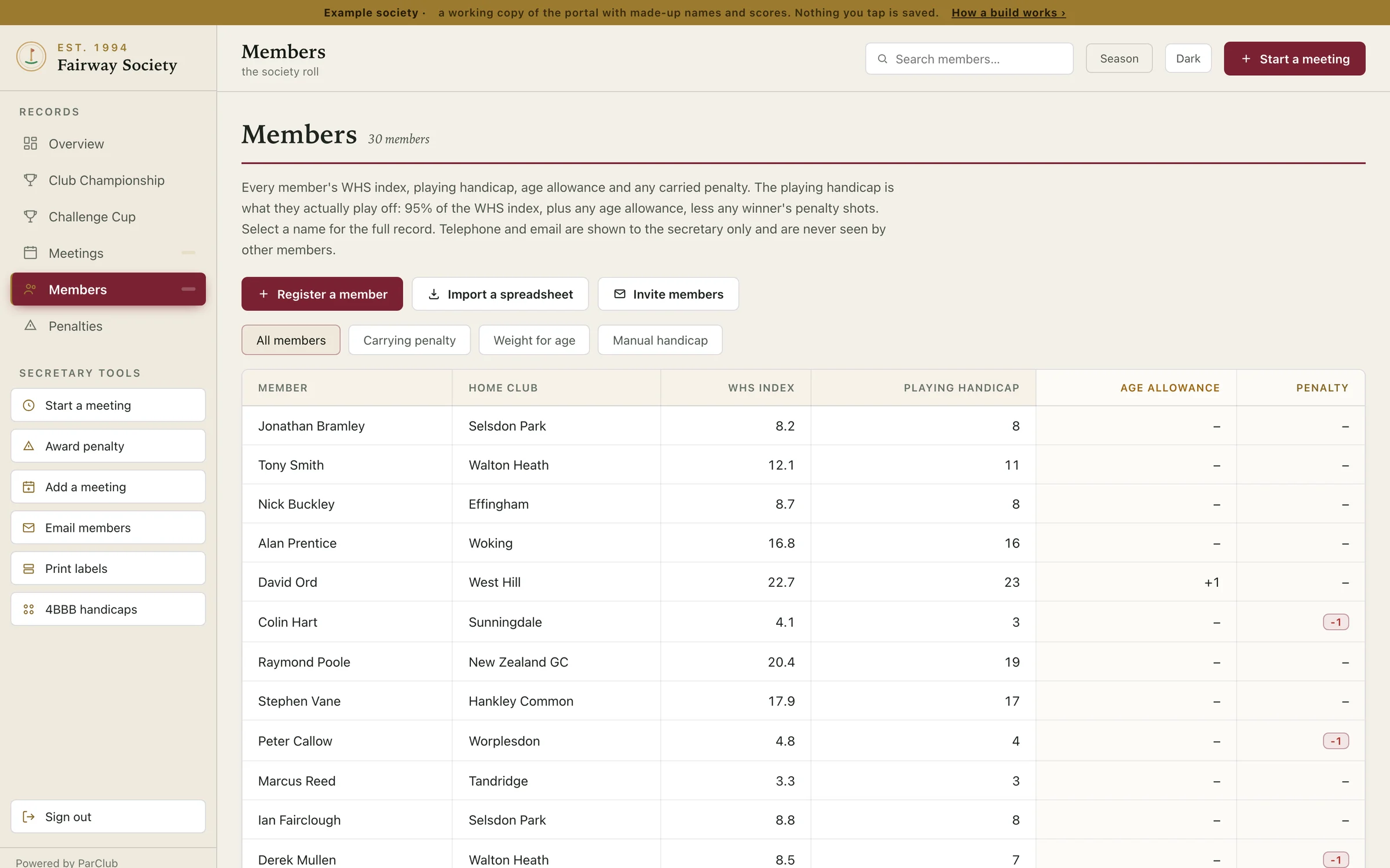 Members: index, playing handicap, age allowance and any penalty carried, with filters for each.