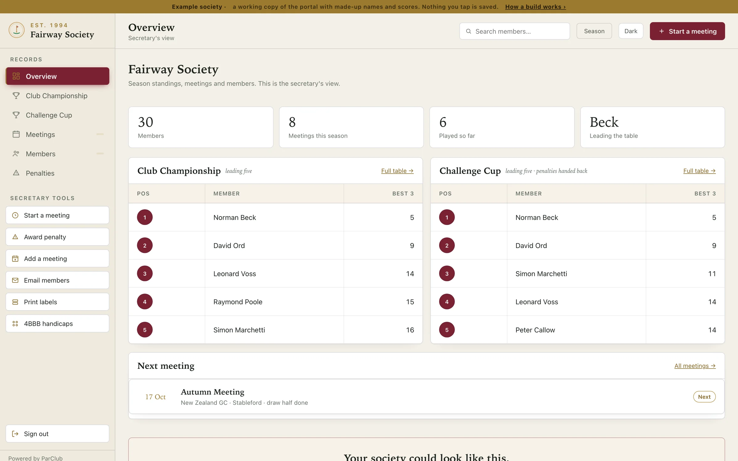 The secretary's view of the example portal: members, meetings played, the leader of the season table, both season tables side by side and the next meeting.
